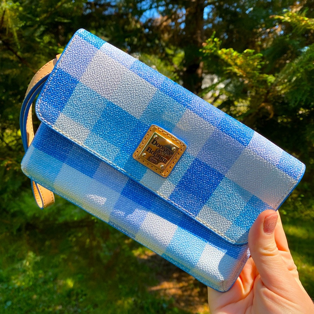 Dooney & Bourke blue and white plaid wristlet wallet purse